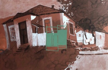 House with green gate Drawing titled "House with green ga…" by Nadia Boldina, Original Artwork, Ink Mounted on Cardboard