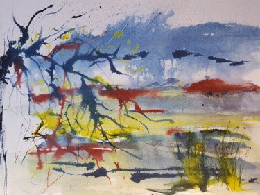 Painting titled "Branche et eau" by Ghislaine Rimmen-Mohl, Original Artwork, Watercolor