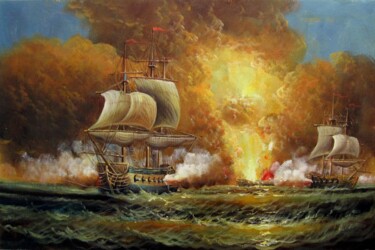 绘画 标题为“Naval battle 104” 由Lermay Chang, 原创艺术品, 油 安装在木质担架架上