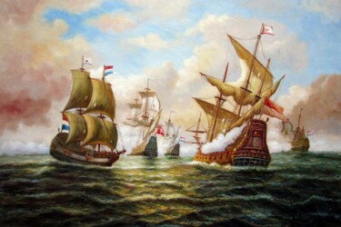 绘画 标题为“Naval battle 114” 由Lermay Chang, 原创艺术品, 油 安装在木质担架架上