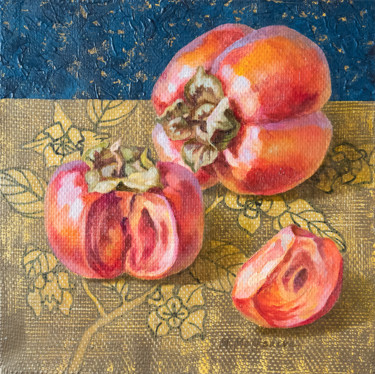 Fuyu persimmon Ζωγραφική με τίτλο "Fuyu persimmon" από Maria Meltsaeva, Αυθεντικά έργα τέχνης, Λάδι Τοποθετήθηκε στο Ξύλινο φορείο σκελετό