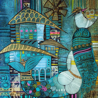 Ce que la sirène m'a confié... Painting titled "Ce que la sirène m'…" by Albena Vatcheva, Original Artwork, Oil Mounted on Wood Stretcher frame