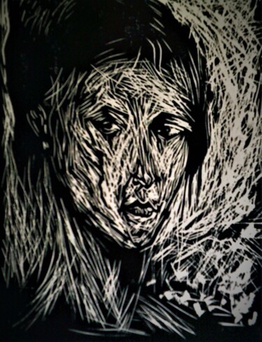 제목이 "STUDY of WOMANs HEAD"인 판화 Joseph Urie로, 원작, 라이노컷