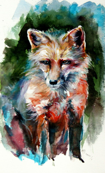 绘画 标题为“Red fox alone” 由Anna Brigitta Kovacs (KAB), 原创艺术品, 水彩
