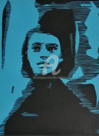印花与版画 标题为“Femme en bleu” 由Elke Thiébaut, 原创艺术品, Linocuts