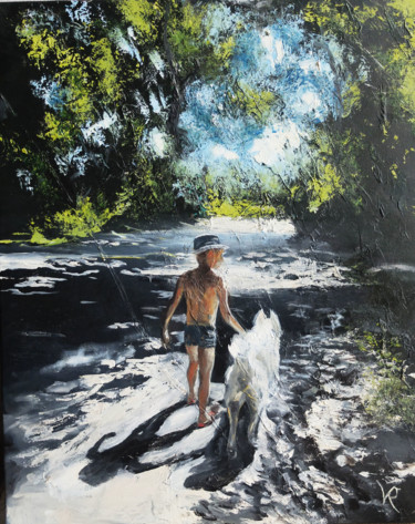 Painting titled "Way to the Lake" by Valeriia Radziievska, Original Artwork, Oil Mounted on Wood Stretcher frame
