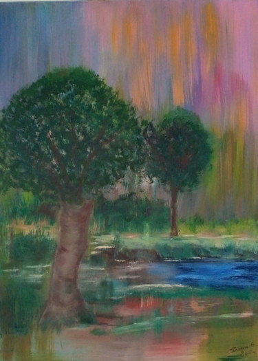Painting titled "paysage n 1" by Annick Cernesse, Original Artwork, Oil