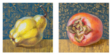 Quince and fuyu persimmon on blue bronze background Ζωγραφική με τίτλο "Quince and fuyu per…" από Maria Meltsaeva, Αυθεντικά έργα τέχνης, Λάδι
