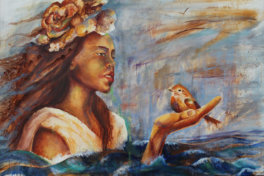 Le passereau dans la main de la sirène Peinture intitulée "Le passereau dans l…" par Sophie Loizeau, Œuvre d'art originale, Huile Monté sur Châssis en bois