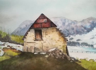 Painting titled "Grange printemps" by Mickael Thébault, Original Artwork, Watercolor