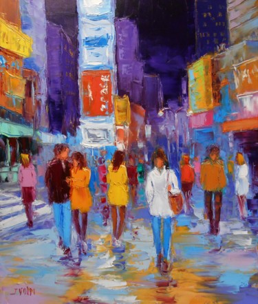 Malerei mit dem Titel "Times square de nuit" von Jacques Volpi, Original-Kunstwerk, Öl Auf Keilrahmen aus Holz montiert