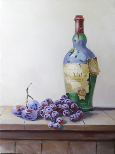 Still life fruits and bottle (40x30cm, oil painting) Malarstwo zatytułowany „Still life fruits a…” autorstwa Sergey Miqayelya, Oryginalna praca, Olej Zamontowany na Drewniana ra…