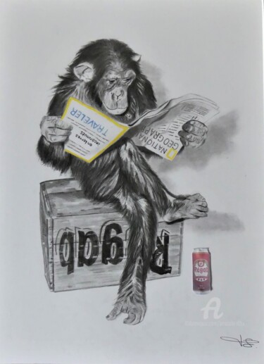 Le chimpanzé à la Régab, Dessin intitulée "Le chimpanzé à la R…" par Pascale Scheip, Œuvre d'art originale, Graphite