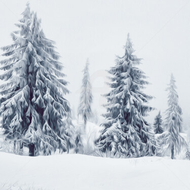 Christmas trees covered with snow in the forest. Digitale Kunst mit dem Titel "Christmas trees cov…" von Ievgeniia Bidiuk, Original-Kunstwerk, 3D Modellierung
