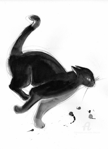 「Chat dynamique 0115」というタイトルの描画 Alliet-Delacroixによって, オリジナルのアートワーク, インク 段ボールにマウント