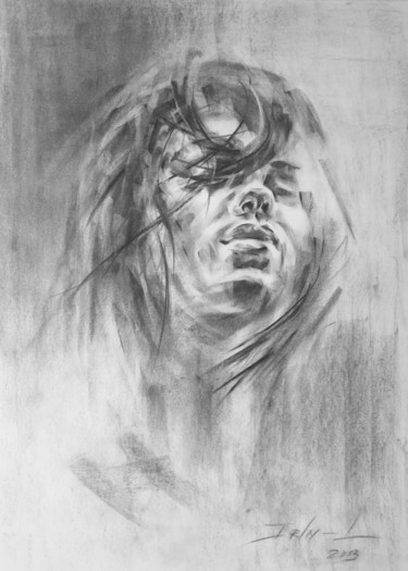 Drawing titled "Portrait Young Woma…" by Irina Inozemtseva-Lopes, Original Artwork, Charcoal