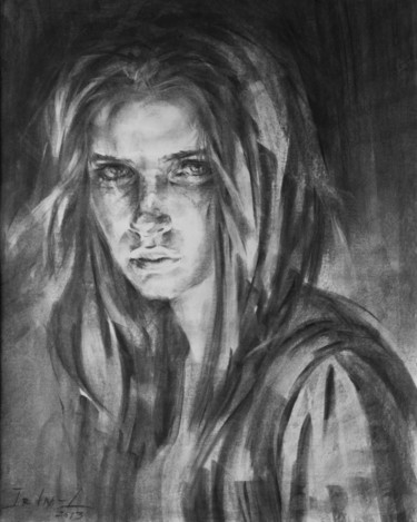 Drawing titled "Portrait young woma…" by Irina Inozemtseva-Lopes, Original Artwork, Charcoal
