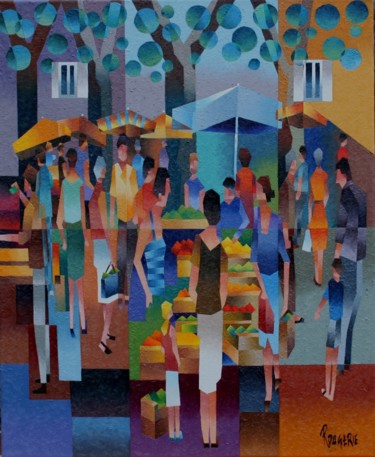 Peinture intitulée "Marché du pays bour…" par Jean Rougerie, Œuvre d'art originale, Huile