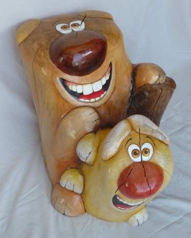 Sculptuur getiteld "Rigoler dans la for…" door René Blanchet, Origineel Kunstwerk, Hout