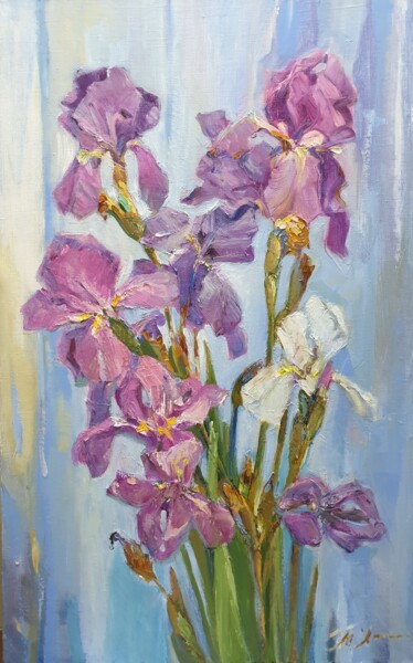 Painting titled "Irises" by Tatiana Lapina, Original Artwork, Oil