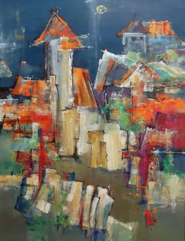 Sleeping city Painting titled "Sleeping city" by Martin Racko, Original Artwork, Oil Mounted on Cardboard