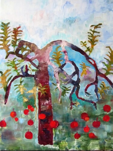 Painting titled "Le pommier" by Ghislaine Rimmen-Mohl, Original Artwork, Oil