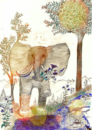 图画 标题为“Totophant 1%” 由Thomas Blondeau-Dumoulin, 原创艺术品, 圆珠笔 安装在木板上