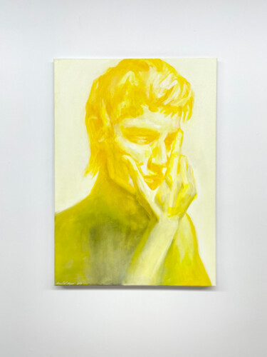 「Yellow white and bl…」というタイトルの絵画 Irjan Moussinによって, オリジナルのアートワーク, オイル ウッドストレッチャーフレームにマウント