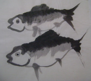 Σχέδιο με τίτλο "poissons" από Nadine Trescartes (fildefériste), Αυθεντικά έργα τέχνης, Μελάνι