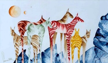 Ζωγραφική με τίτλο "EQUILAND" από Jean-Christophe Labrue, Αυθεντικά έργα τέχνης, Ακουαρέλα