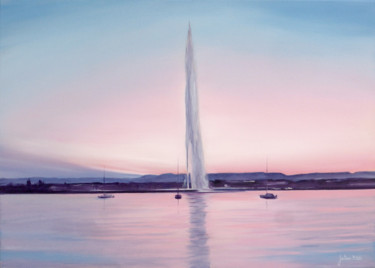 Geneve, rade avec jet en soirée (rose-bleu) 绘画 标题为“Geneve, rade avec j…” 由Philippe Juttens, 原创艺术品, 油