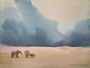 Elephants Peinture intitulée "Elephants" par Francisco Cadete, Œuvre d'art originale, Aquarelle