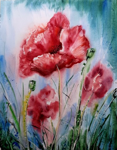 Red poppies Painting titled "Red poppies" by Elena Georgiadi, Original Artwork, Watercolor