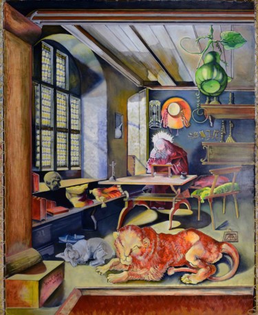 "sur les épaules de Dürer" le Saint Jérôme dans sa cellule Peinture intitulée ""sur les épaules de…" par Brasier Jeanoel, Œuvre d'art originale, Huile