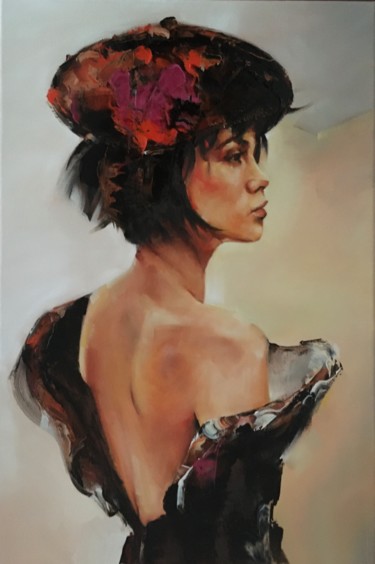Schilderij getiteld "Woman with beret III" door Inge Coolen, Origineel Kunstwerk, Olie