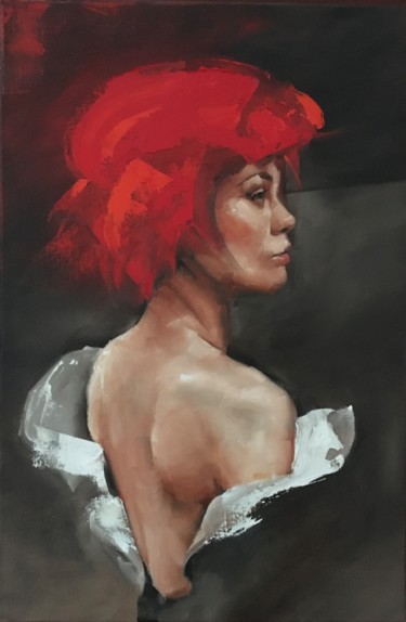 Schilderij getiteld "Woman with beret I" door Inge Coolen, Origineel Kunstwerk, Olie