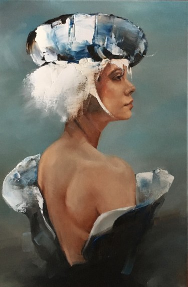 Schilderij getiteld "Woman with beret IV" door Inge Coolen, Origineel Kunstwerk, Olie