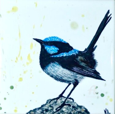Schilderij getiteld "Fairy Wren" door Venessa Lagrand, Origineel Kunstwerk, pigmenten Gemonteerd op Houten paneel