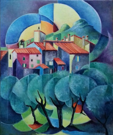 Painting titled "Les oliviers de Mon…" by Martine Woellet, Original Artwork, Oil
