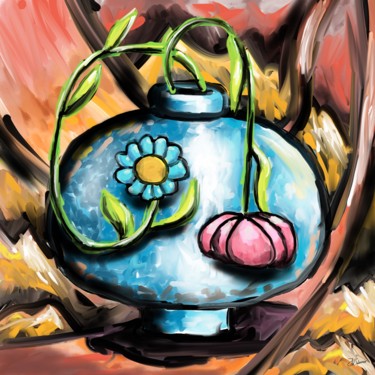 Arts numériques intitulée "Vaso Azul com Flores" par J.W. Sidonio, Œuvre d'art originale, Peinture numérique