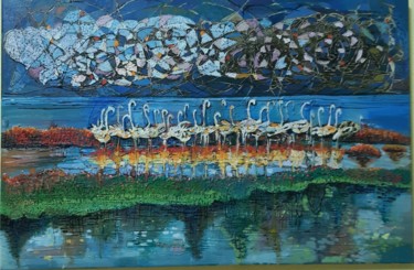Flamingos (40x60cm, oil painting, modern art, ready to hang) 제목이 "Flamingos (40x60cm,…"인 미술작품 Ruzanna Melqumyan로, 원작, 기름 나무 들것 프레임에 장착됨