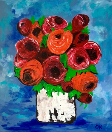 Bouquet of red and burgundy roses, original painting on canv 绘画 标题为“Bouquet of red and…” 由Olga Koval, 原创艺术品, 丙烯 安装在木质担架架上