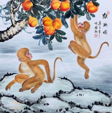 Painting titled "猴趣图" by Gino, Original Artwork, Ink