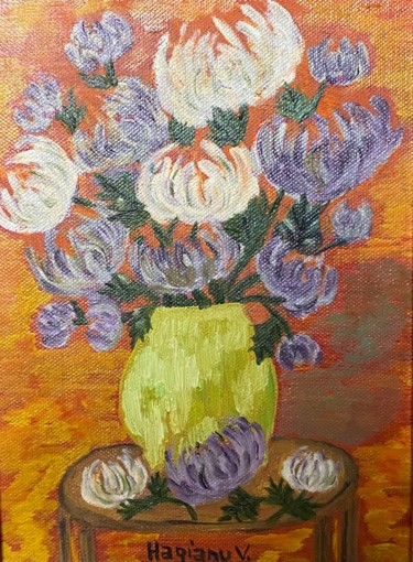 Vase with chrysanthemums.Original oil painting by Hagianu V Painting titled "Vase with chrysanth…" by Viorica Hagianu, Original Artwork, Oil Mounted on Wood Stretcher frame