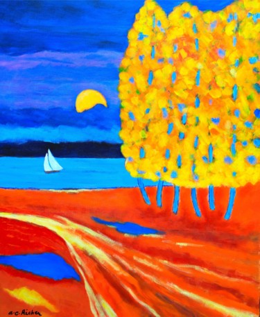 Peinture intitulée "Les peupliers du lac" par Alain Charles Richer, Œuvre d'art originale, Acrylique