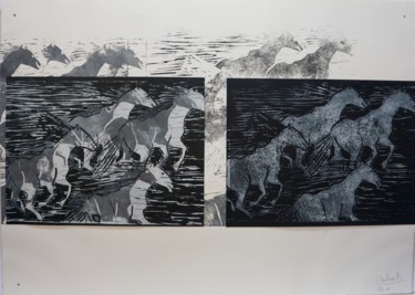 印花与版画 标题为“chevaux en liberté 1” 由Dominique Duhot, 原创艺术品, 雕刻 安装在有机玻璃上