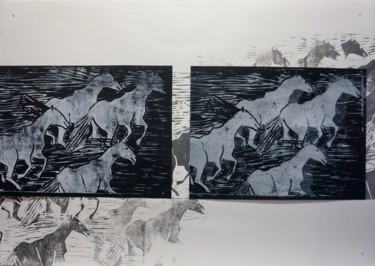 印花与版画 标题为“CHEVAUX EN LIBERTÉ 2” 由Dominique Duhot, 原创艺术品, 雕刻 安装在有机玻璃上