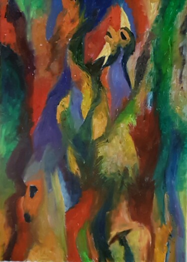 Painting titled "Histoire de tronc «…" by Ghislaine Rimmen-Mohl, Original Artwork, Oil Mounted on Wood Stretcher frame