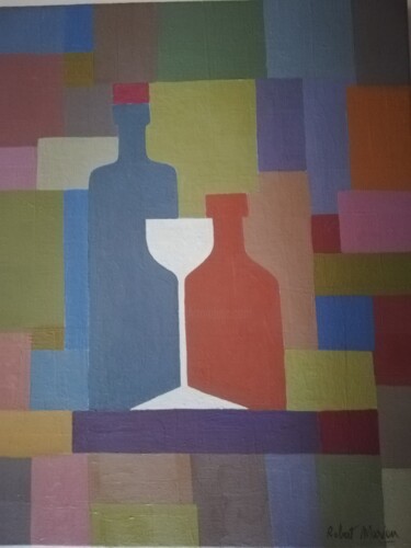 Painting titled "2 bouteilles et ver…" by Robert Marion, Original Artwork, Oil Mounted on Wood Stretcher frame