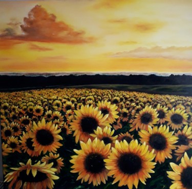 Painting titled "Sunset" by Iryna Lubera, Original Artwork, Oil Mounted on Wood Stretcher frame